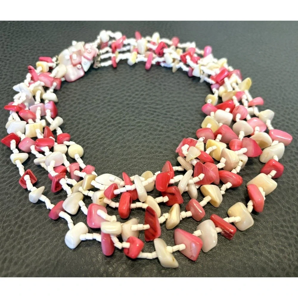 Vintage 5 Multi Strand Mother Of Pearl Chip Chunky Spring Summer Boho Necklace